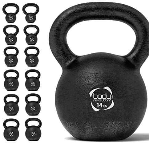 Body Revolution – gjutjärn kettlebell viktset – 2 kg 4 kg 6 kg 8 kg 10 kg 12 kg 14 kg 16 kg 18 kg 20 kg 24 kg kettlebells – kondition, aerobics och HIIT vattenkokare klocka träningsvikter och