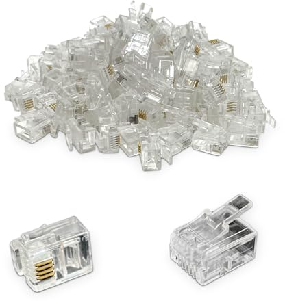 Waytex 37166 Connecteurs RJ11 6P4C Mâles pour câble téléphonique RJ11 Paquet de 100 en plastique transparent avec 4 Connecteurs dorés