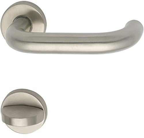 GRUNDMANN Geos 102836 1754/D6K Handle Set on Rosette WC ÖNORM Door Fitting VK 8.5, Matte Stainless Steel, Silver
