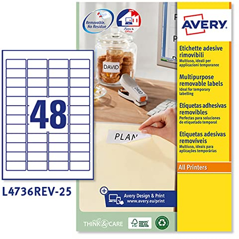 Avery Italia L4736REV-25 Etichette adesive carta bianca adesivo rimovibile nessun residuo, 25 fogli A4, rettangolari 45,7x21,2mm, 48 etichette per foglio, adesivo rimovibile, stampanti laser e inkjet