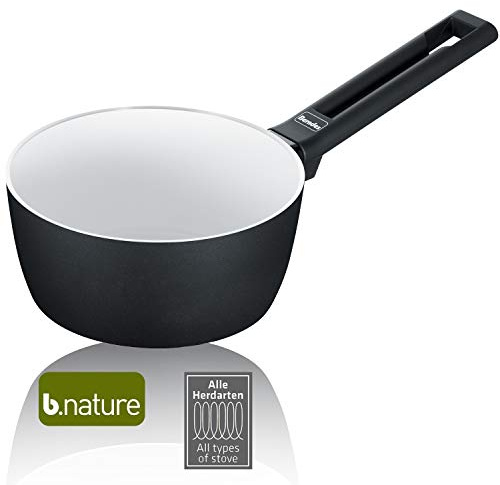 Berndes 013351 Stieltopf Starter Alu Induction b.nature, Kasserolle mit robuster Quarz Beschichtung, Stielkasserolle induktionsgeeignet, 16cm, Schwarz/Weiß
