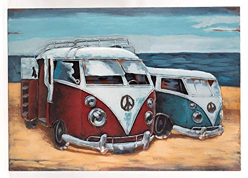 Vintage-Line Handgefertigtes Metallbild 3D-Optik Verschiedene Größen Kunst Bild Wandbild (Metallbild Strandbus 2er Rot Blau (ca. 100x70 cm)