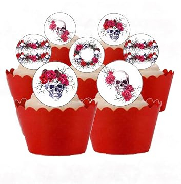 24 vorgeschnittene Kuchendekorationen aus Esspapier, Motiv: rote Rosen, Totenkopf, Gothic-Stil, rund, essbar.
