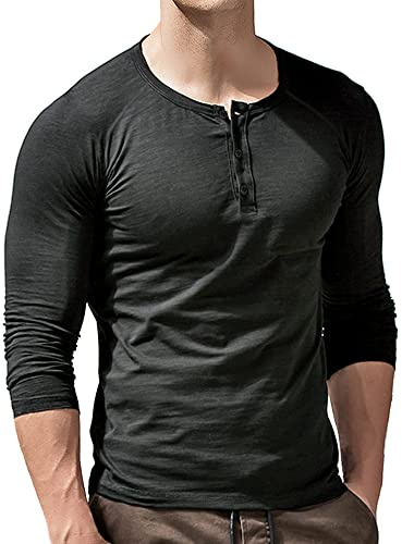 Muscle Alive Hommes Slub Henley T-Shirts à Manches Longues Poids léger Détendu en Forme Décontractée avec 3 Boutons Patte de Boutonnage,9308 Gris Foncé,L