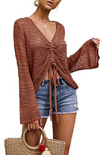 Saodimallsu Femmes Oversize Col V Chemises Flowy Crochet Cloche Manches Boho Tops Sexy Cravate Avant Ruché À Volants Top Blouse Brique Rouge