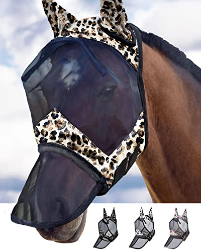 Harrison Howard CareMaster - Maschera anti-mosche per naso lungo con orecchie, protezione UV per cavallo, stampa leopardata (M)