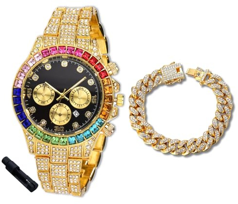 Halukakah Diamanten Gold Uhr Iced Out für Jungen - 18K Echtgold/Platin Platiniert,40mm Schwarz Zifferblatt,Japanisches Quarzwerk - 18.5cm Länge - Optional mit Cuban Gliederkette,mit Anpassungswerkzeug