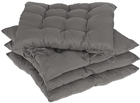 Relaxdays Stuhlkissen 4er Set, 38x38 cm, Sitzkissen mit Bändern, Indoor & Outdoor, Polyesterbezug, Stuhlpolster, grau
