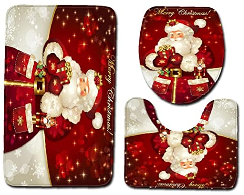 TOSSPER 3 Teile/Satz Weihnachtsbad Sets Weihnachten Santa Bad Matte rutschfeste Badezimmer Teppiche Kontur Matten Toilettenabdeckung Dekorationen