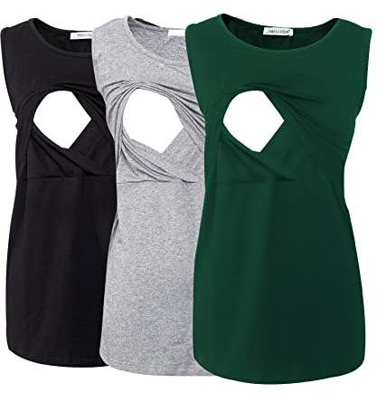 Smallshow Damen Ärmellose Umstandstop Mutterschaft Umstandskleidung Stillen Weste Tops 3 Stücke Black-Light Grey-Deep Green M