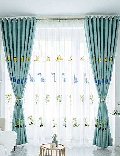 Lactraum Gardine Kinderzimmer Babyzimmer Bestickt Dinosaurier Kokosnussbaum Voile mit Kräuselband 145 x 245 cm (BxH)
