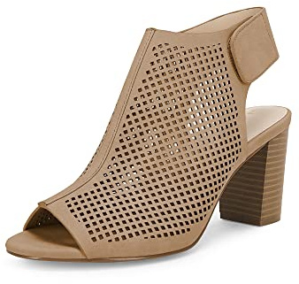 Coutgo Peep Toe Booties Women Heels Chunky Block High Heeled Sandals Ankle Strap Open Toe Boots,Khaki,Size 6