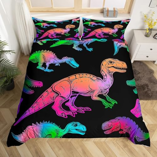 Erosebridal Dinosaur Bedding Set Jungle Animal Comforter Cover for Kids Boys Teens,Colorful Rainbow Dino Duvet Cover Kawaii Wildlife Reptile Wild Animal Room Decor Queen Size