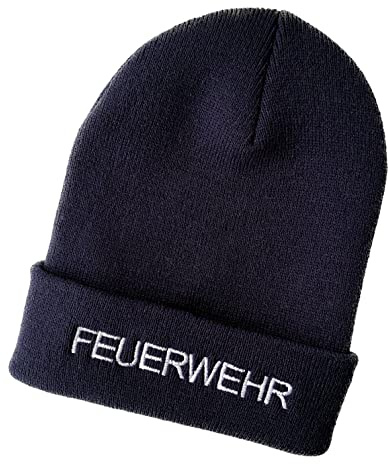 Schnoschi Strickmütze mit Breiten Umschlag (Beanie Mütze) mit Feuerwehr Bestickt für Herren, Damen, Jugendliche und Kinder