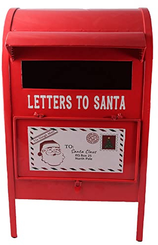 Generico Christmas Cassetta Postale per Letterina di Babbo Natale Decorazione Natalizia in Metallo con Buca Lettere e Decorazioni Natalizie a Rilievo 30x30x h. 52 cm Portalettere con Porticina