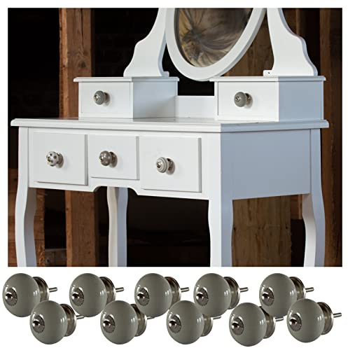 Knober 10 X Möbelknopf Schrankknopf aus Kermik in Taupe Weiß Grau Schrank Verzierung handbemalt