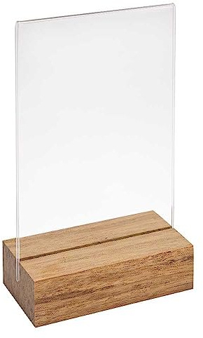 Doppelseitiger Tischkartenhalter DIN A6 Hoch Fuß aus dunklem Bambus + Acryl | 2-teilig, Tasche aus echtem Acrylglas glarklar, Einsteclfuss aus Bambus, Tasche mit Schutzfolie, Einfacher Blattwechsel