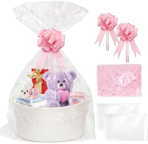 SelfTek presentkorgssats, repkorg med cellofanpåsar, Raffia- och dragrosetter vävda förvaringskorgar tom presentkorg för baby shower, bröllop, födelsedag, 33 x 24 x 15 cm
