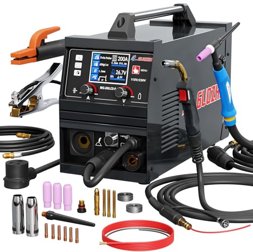 GZ GUOZHI MIG Welder, 200Amp 6 in 1 Gas MIG/Gasless Flux Core MIG/Stick/Lift TIG/Spot welding/Spool Gun 110V/220V Aluminum Multi Process Welding Machine with LED Digital Display