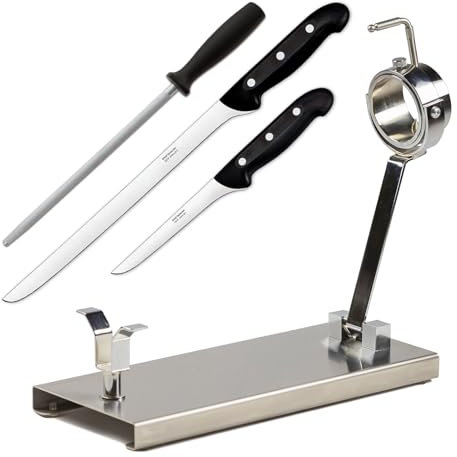 PracticDomus Soporte Jamonero Profesional Plegable y Cabezal Giratorio de Acero con Cuchillos y Chaira (Makalu)