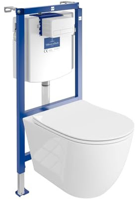 Lavita ViConnect H112 - Inodoro empotrado con placa de control y pared para lavabo profundo, color blanco, sin bordes, incluye asiento de inodoro, cisterna completa