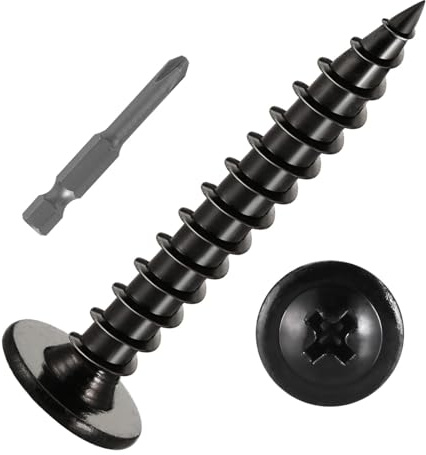 #10 x 1-1/2 (80 PCS) Modified Truss Head Wood Screws, Phillips Drive Quick Metal Self Tapping Screws, Black Coating, Full Thread, Screwdriver Bit Included