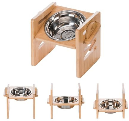 Petschat Erhöhte Hundenapf, 6 Höhen Einstellbar Futternapf Hunde 6-17 cm, Bambus Holz Futterstation mit 450ML Edelstahl Fressnapf, Einzeln Erhöhte Hundebar für Kleine Medium Hunde & Katzen, 1 Pack