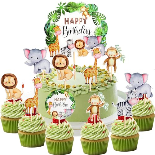 Tier Cupcake Topper 25PCSTortendeko Geburtstag Tiere Tortendeko Tiere Jungle Safari Animal Cupcake Toppers Happy Birthday Cake Decor für Birthday Party Supplies Feiern Party Events Baby Shower(25PCS)