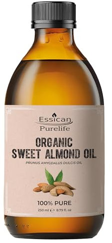 Organic Sweet Almond Oil 250ml in Glass Bottle - For hair, 100% Pure and organic Carrier Oil For Essential Oils Mixing, Sweet Almond Oil For Skin Care and Massage