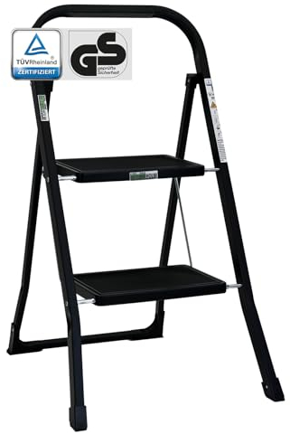 TRUTZHOLM Trittleiter 2 oder 3 Stufen klappbar TÜV/GS Zertifiziert 150 kg Klappleiter Anti-Rutsch Trittflächen & Sicherheitsverriegelung Klapptritt Haushaltstritt Stahl Leiter (Schwarz, 2 Stufen)