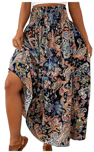 Rock Damen Lang Maxirock Boho Sommerrock Plisseerock Faltenrock Strandkleider Elastische Taille Damen Rock, Boho Plisseerock Maxi Skirt Hohe Taille Geblümter Midi Röcke