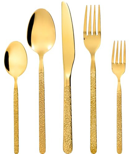 SWISON Set de couverts dorés service 6 personnes 30 pièces, Couvert de table or en acier inox, Ménagère avec cuillère couteau et fourchette, Design unique gravé