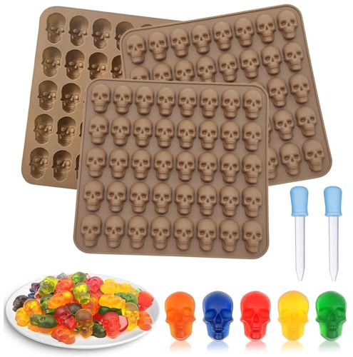 JOYOLA Totenkopf Silikonform, 3 Stück Vertiefungen Schädel Silikonform, Mini Totenkopf Schokoladenform, 3D Gummie Schädel Formen mit 2 Dropper für Schokolade Gummi Eiswürfel Süßigkeiten Pralinen