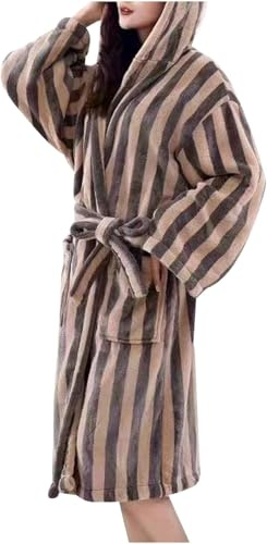 DSAoTeng Robes pour femmes à manches longues avec capuche longue et rayures amples - avec poches, ceinture, en tissu doux et douillet, en couleur unie, en éponge, pour la maison, automne-hiver, marron