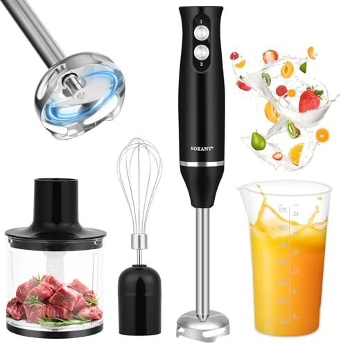 Dreamhigh Batidora de Mano 4 en 1, Batidora de Brazo Eléctrica 500W con 2 Velocidades, Varinha Magicas Cozinha con Batidor, Picadora 500ml y Vaso Medidor 700ml – Ideal para Papillas, Sopas y Smoothies