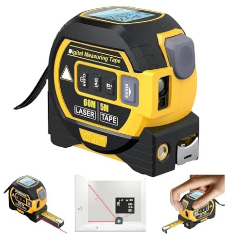 Righello per Metro a Nastro con telemetro 3 in 1, Metro a Nastro da 5 m, telemetro Laser da 40 m, Strumento di misurazione Laser Digitale con Display LCD, misurazione di Distanza, Area, Volume Yellow