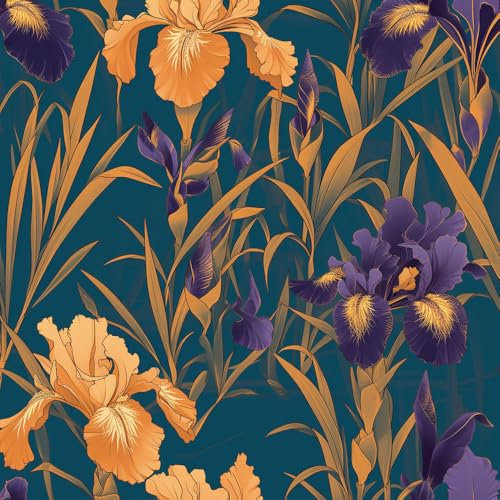 Abziehbare Tapete Lila-orangefarbene Schwertlilie Mustertapete Boho-Irisblume Klebefolie Möbel Tapete Kinderzimmer Muster Dekofolie Möbelfolie Selbstklebend Wand Tapeten Wohnzimmer Schrankfolie Klebe