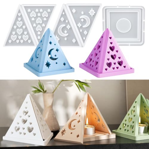 Voyyphixa 2Pcs Pyramid Tealight Holder Silicone Moulds Moon Shape Hollowing Resin Mould Epoxy Resin Candle Holder Casting Mold for DIY Candlestick Tea Light Holder Moon Pyramid
