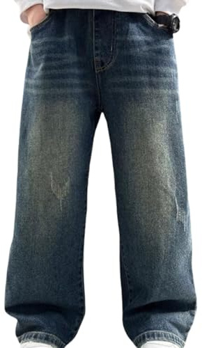 Generisch Jungen Jeans Ubergroße Jeans-Overalls mit Geradem Bein Frühlings-Jeanshose Streetwear Vintage-Hose Lockere Baggy-Hose Jungen Frühling Cargohose mit Taschen Freizeitkleidung für Kinder