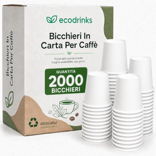 2000 Bicchieri Caffe Carta Da 75ml - Set Bicchierini Monouso per Bevande Calde/Fredde - Biodegradabili, Eco-friendly e Made in Italy, Bianco