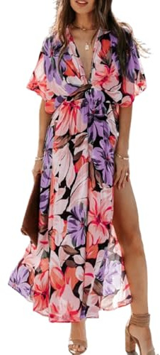 fdsmall Vestido largo bohemio de verano para mujer, cuello en V, manga media y floral, abertura lateral, acampanado, casual, para la playa, rosso, M