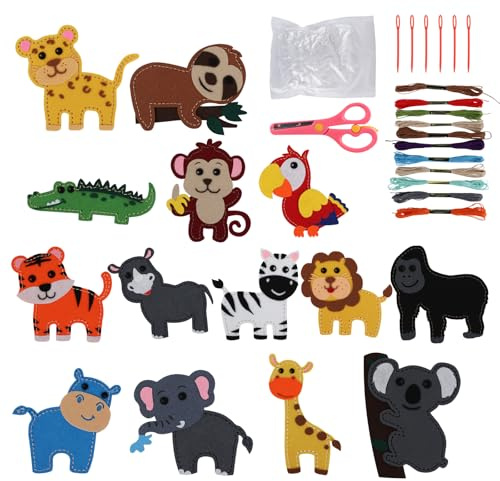 14 Stück Nähset Kinder, Filz Waldtiere Bastelset, Bastelset Kinder ab 6 Jahre DIY Filzen Starterset mit Filztiere & Zubehör, Animals Sewing Kit, Nähen Spielzeug Geschenke für Jungen und Mädchen