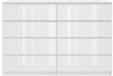 SoDREAMER Kommode mit 8 Schubladen | Weiß - glänzende Vorderseite 140 cm Ideal für Schlafzimmer Wohnzimmer Kinderzimmer und Büro | Große geräumige Schubladenschrank | 140x97x40 cm
