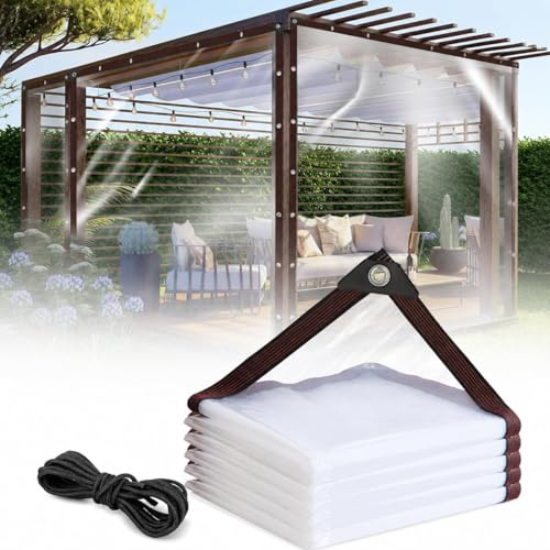 2x5m Transparente Plane mit ösen, Abdeckplane wasserdichte, Regenschutz Windschutz Mehrzweck Wasserdicht Plane, Balkon Regenschutz mit Seil, Gartenmöbel Pflanzen-Tuch