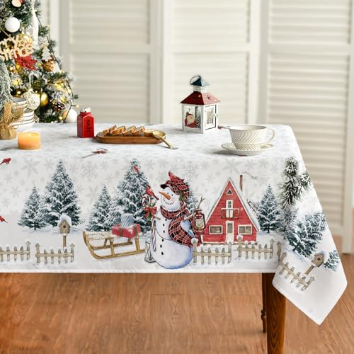 Artoid Mode Weiß Haus Schnee Bäume Zaun Schneemann Weihnachten Tischdecke 140x110 cm, Winter Fleckschutz Tischwäsche Küche Dekoration Party Dekor