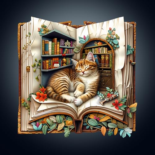 Holzpuzzle Erwachsene, 270 Teile Die Katze im Buch Puzzles, 32 * 31.5cm Wood Puzzle, Unregelmäßige Einzigartige Tierform Holzpuzzles für Erwachsen, Schön Geschenk für Familie und Freunde