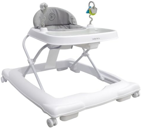 Liefjes & Co Lauflernhilfe & Gehfrei Babywalker – mit 360° Rollen, Spielstation & Spielzeug – Höhenverstellbar, klappbar, mit hoher Rückenlehne – Lauflernwagen (Weiß)