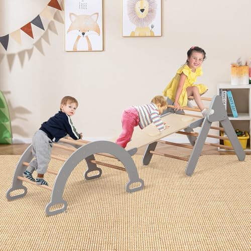 COSTWAY Telaio da Arrampicata per Bambini, Triangolo di Arrampicata Pieghevole con Triangolo Arco e Salita, Regalo per Bambini 1 Anni + (Grigio)