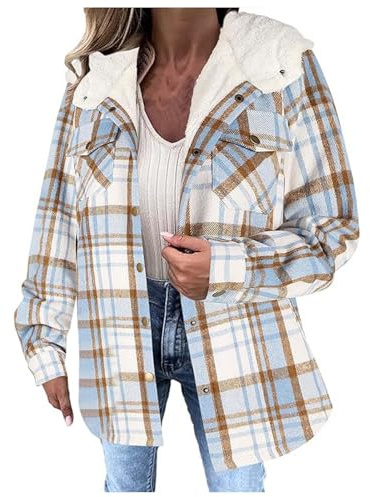Generisch 2025 Veste courte à carreaux pour femme à manches longues avec boutonnière Manteau à capuche doublé en polaire pour la chaleur, bleu, M