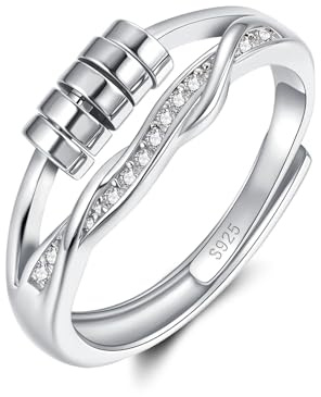 Lynizo Anxiety Ring, Damen 925 Sterling Silber Anti Stress Ring mit Perlen | Herz/Stern/Twist Offen Verstellbar Angst Rings mit Zirkonia, Damen Mädchen Fidget Stressring, Silber Finger Antistressring